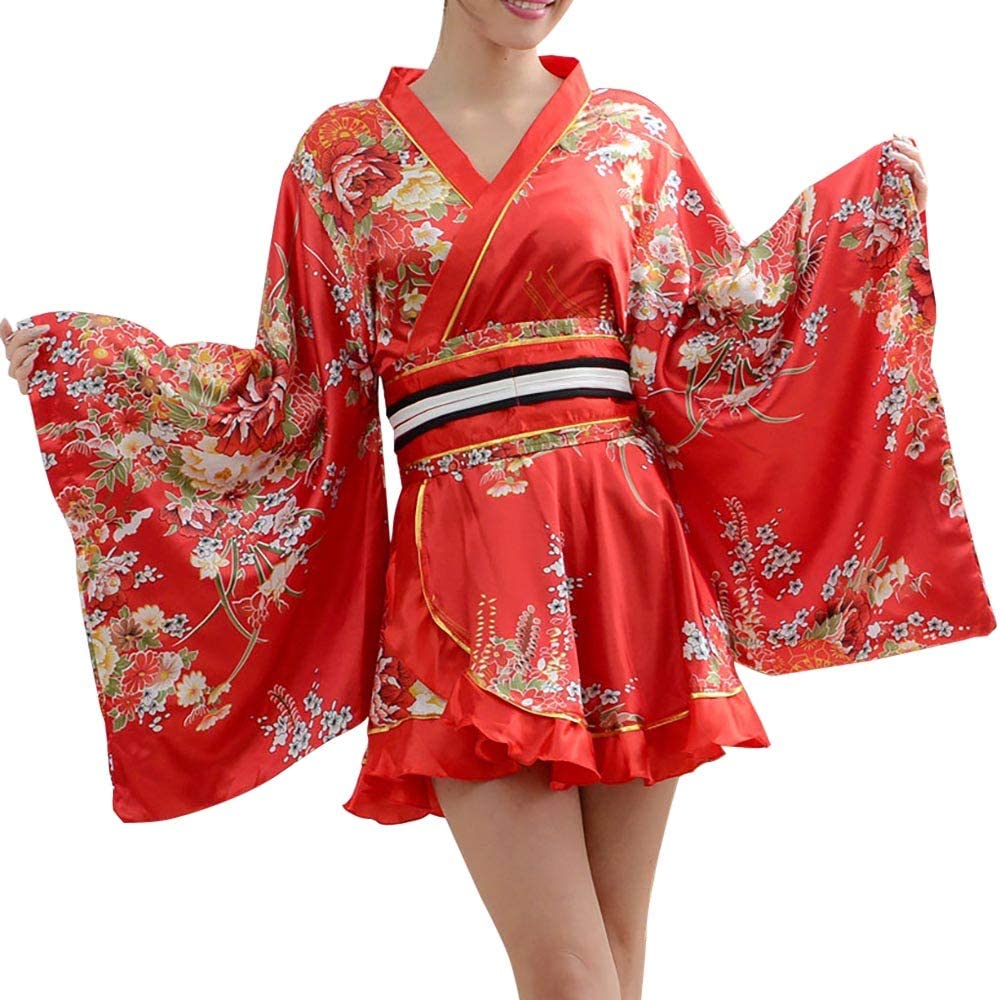 Price:$28.00 Japanese Kimono Gown Blossom Prints Geisha Yukata Sexy Short Mini Dress Kimono with OBI Belt (Red) : Clothing, Shoes & Jewelry