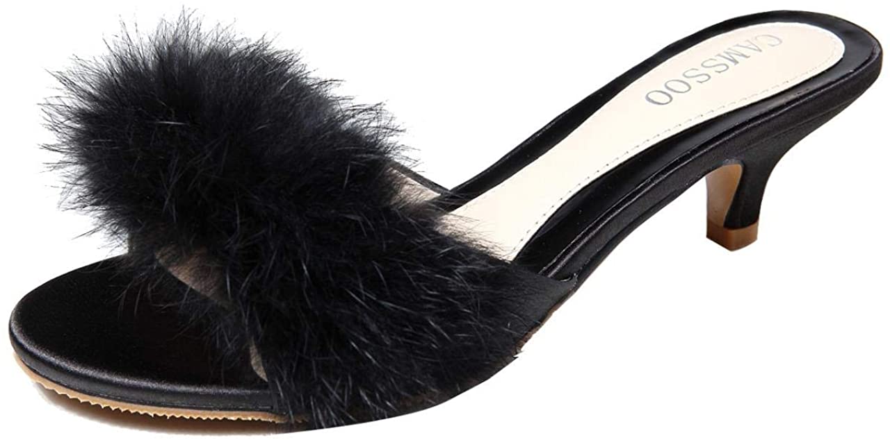 Price:$35.99 Faux fur Kitten Heel Sandals Mules Slip On Open Toe Backless Dress Sexy Low Heeled Slipper Slides | Mules & Clogs