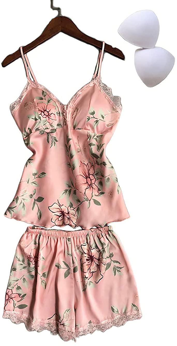 Price:$14.00 Women's 2pcs Silk Satin Pajamas Sets Lace Cami Top Shorts Nightgown Sexy Sleepwear Backless Nightie with Chest Pads : Clothing, Shoes & Jewelry