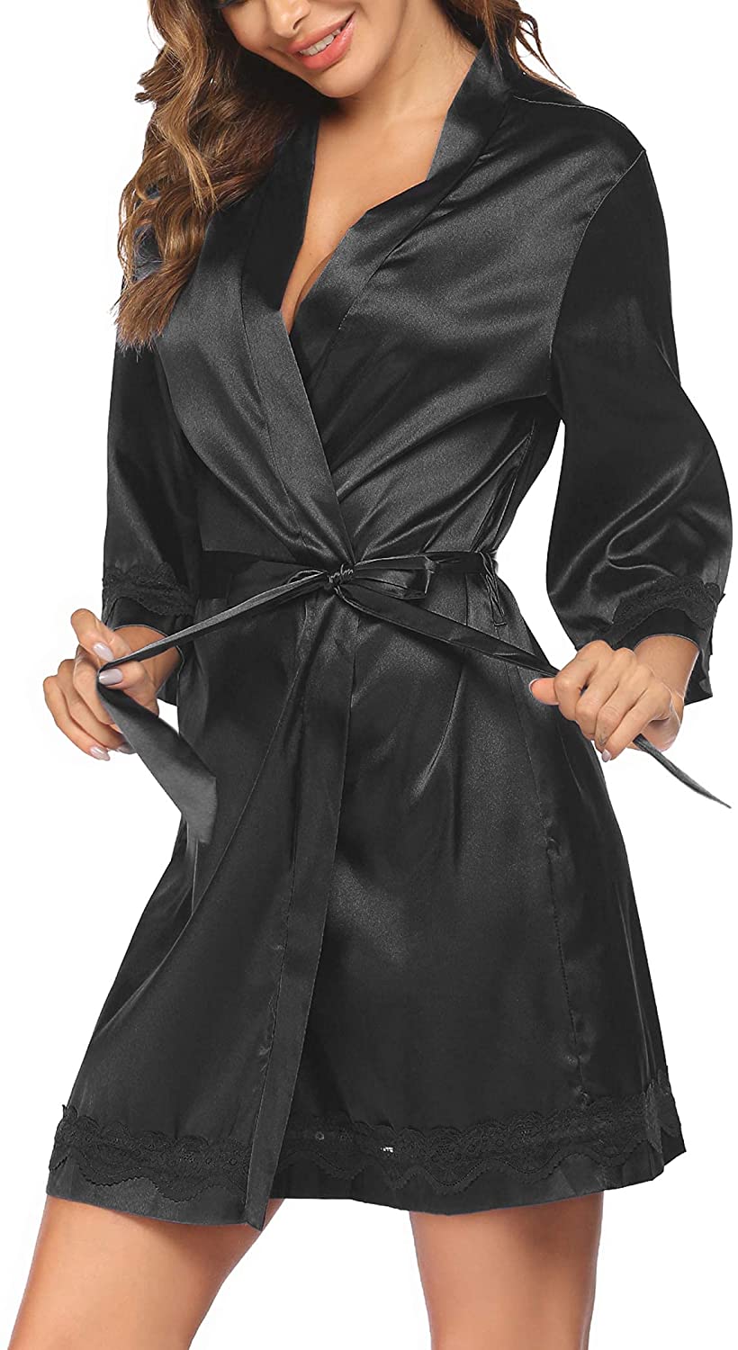 Price:$24.99 Womens Kimono Bathrobes Sexy Short Lace Satin Bridesmaid Nightgown Party Robes Silk Bathrobe Sleepwear for Autumn at Amazon Women’s Clothing store