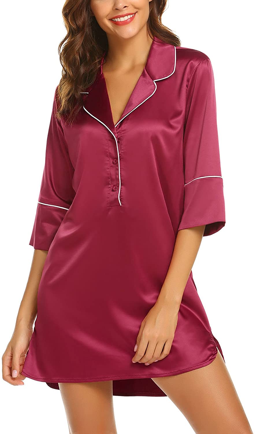 Price:$12.99 Women's Silk Satin Nightgown Button Down Sleepshirt 3/4 Sleeve Nightshirt Boyfriend Notch Collar Sleepwear at Amazon Women’s Clothing store