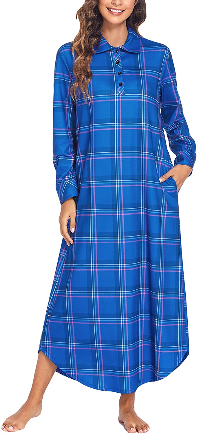 Price:$35.99 Women's Cotton Nightgown Long Sleeve Nightshirt Full Length Loungewear Plaid Sleepwear With Pockets at Amazon Women’s Clothing store