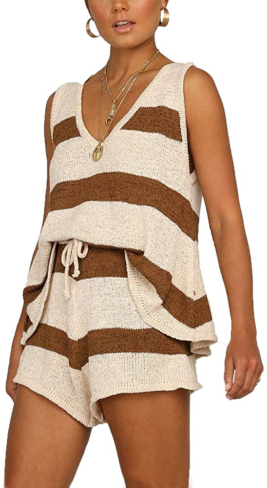 Price:$24.99 Women's Knitted Set Loungewear Sleeveless 2 Piece Outfits Stripe Top & Shorts Clothing Set Coffee Beige Size Large at Amazon Women’s Clothing store