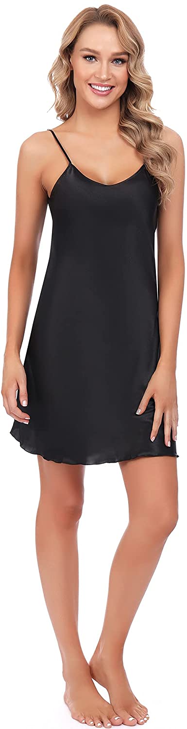 Price:$12.36 Women Nightgown Satin Slips Dress,Soft Mini Slips Spaghetti strap Backless Lingerie Chemises Nightie at Amazon Women’s Clothing store