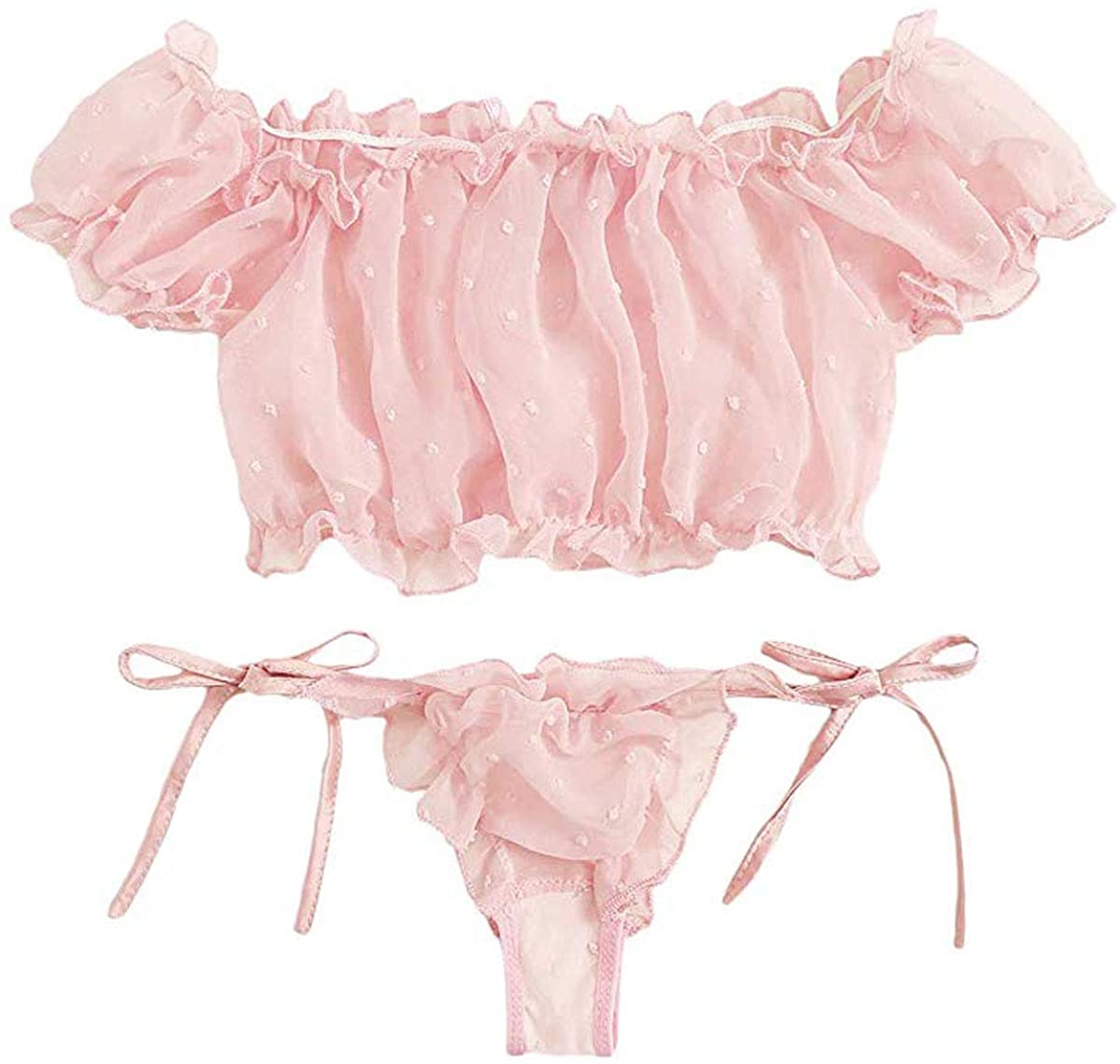 Price:$11.80 Womens Sexy Two Piece Bra and Tong Lingerie Set Self Tie Ruffle Trim Dobby Mesh Babydoll Sleepwear at Amazon Women’s Clothing store