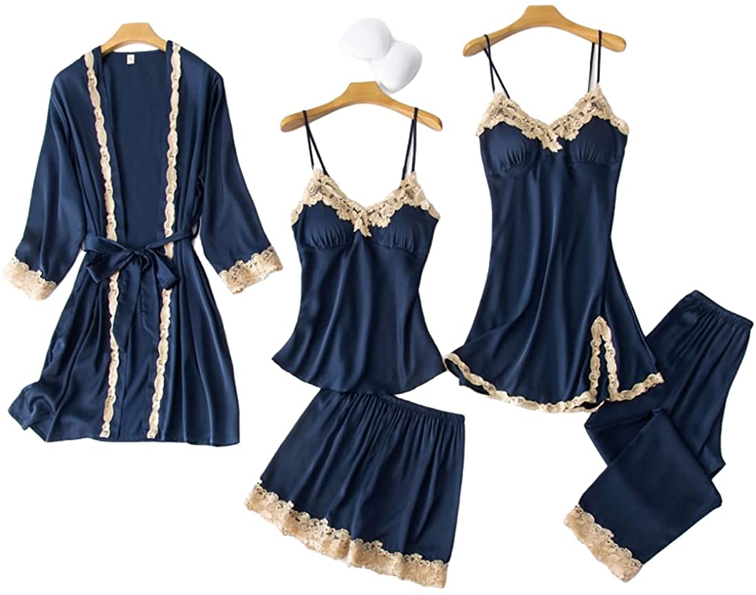 Price:$38.99 Womens Pajamas Set 5Pcs Satin Pajama Set Cute Lace Nightwear Sexy Sleepwear Cami Pjs with Robe Navy at Amazon Women’s Clothing store