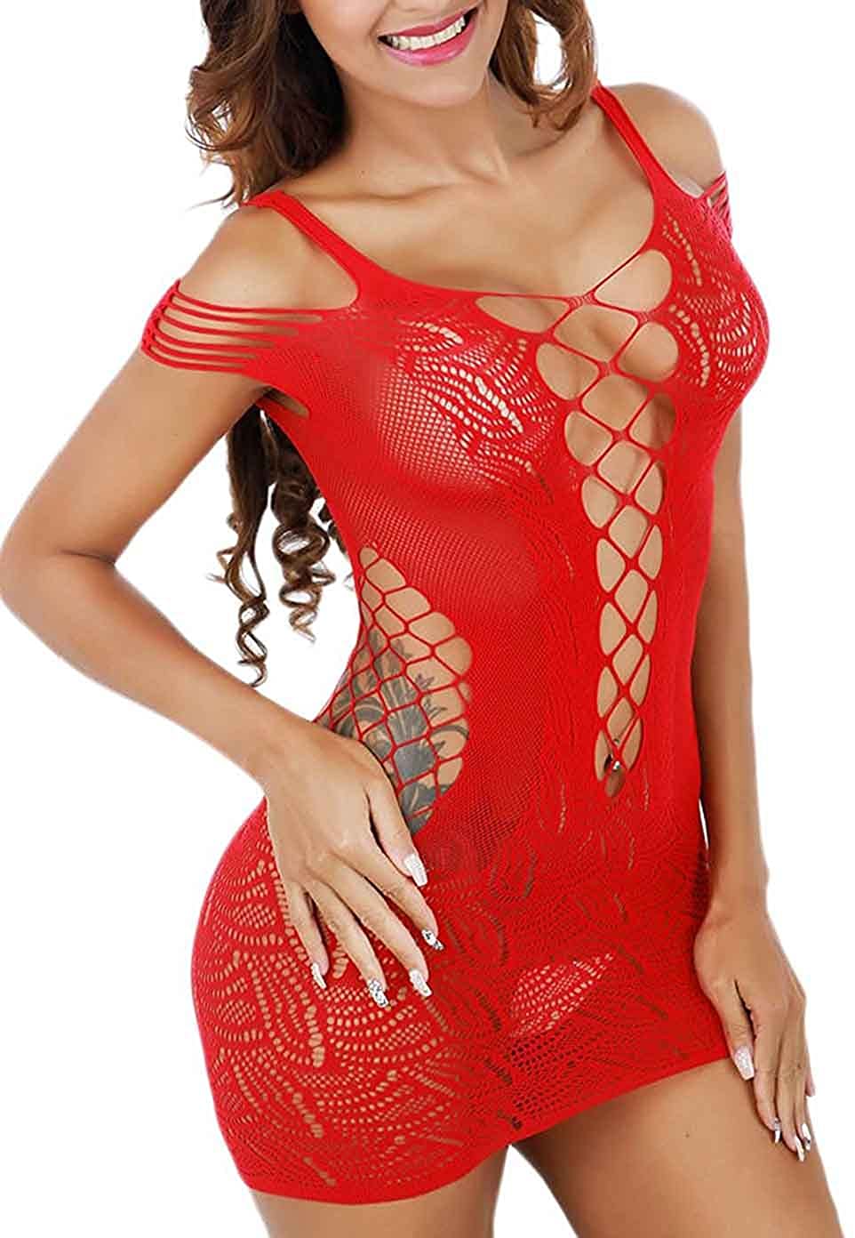Price:$7.99 Women Sexy Flexible Fishnet Lingerie V-Neck Babydoll Mesh Teddy Bodysuit Mini Dress One Size Red : Clothing, Shoes & Jewelry