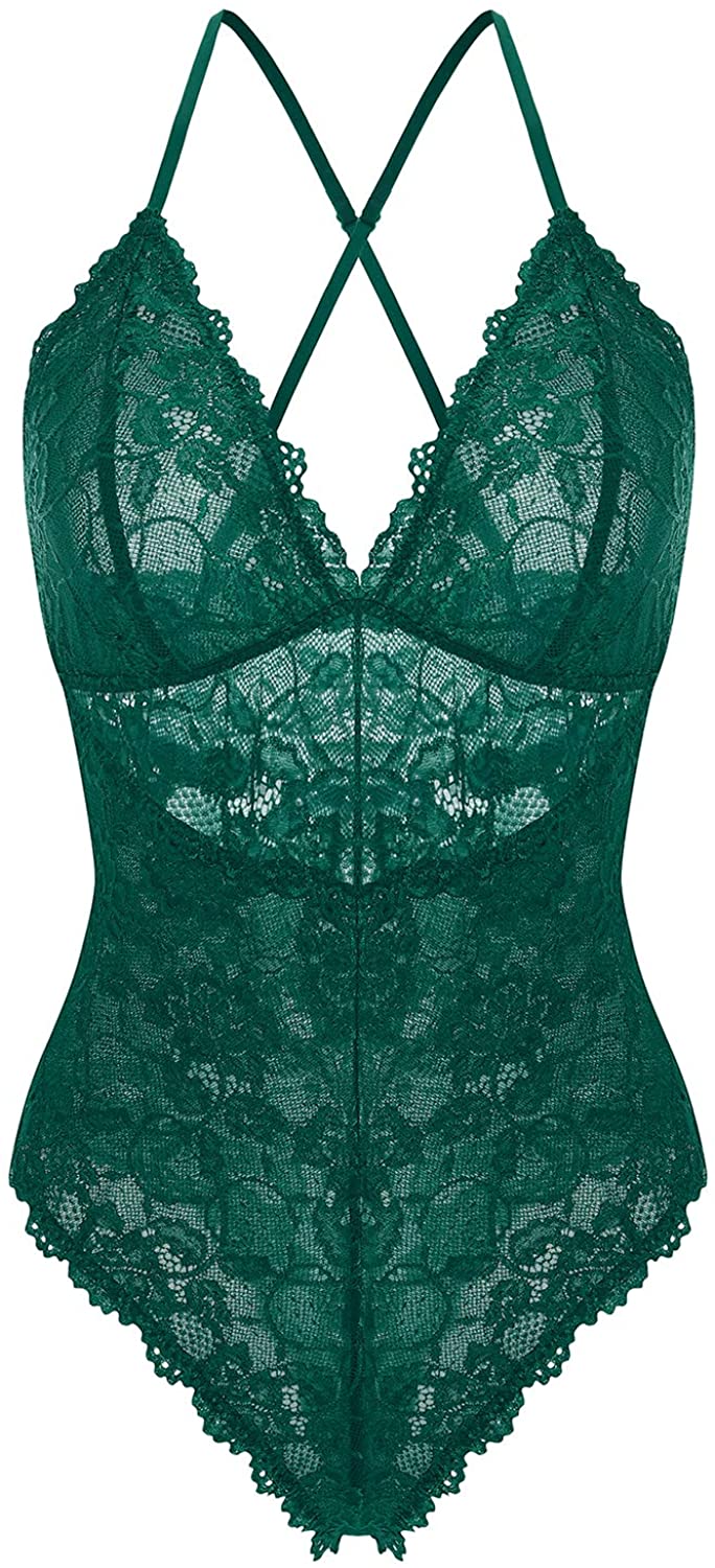 Price:$16.99 Lingerie Sexy One Piece Lace Teddy Bodysuit Babydoll Chemise Sleepwear Green S at Amazon Women’s Clothing store