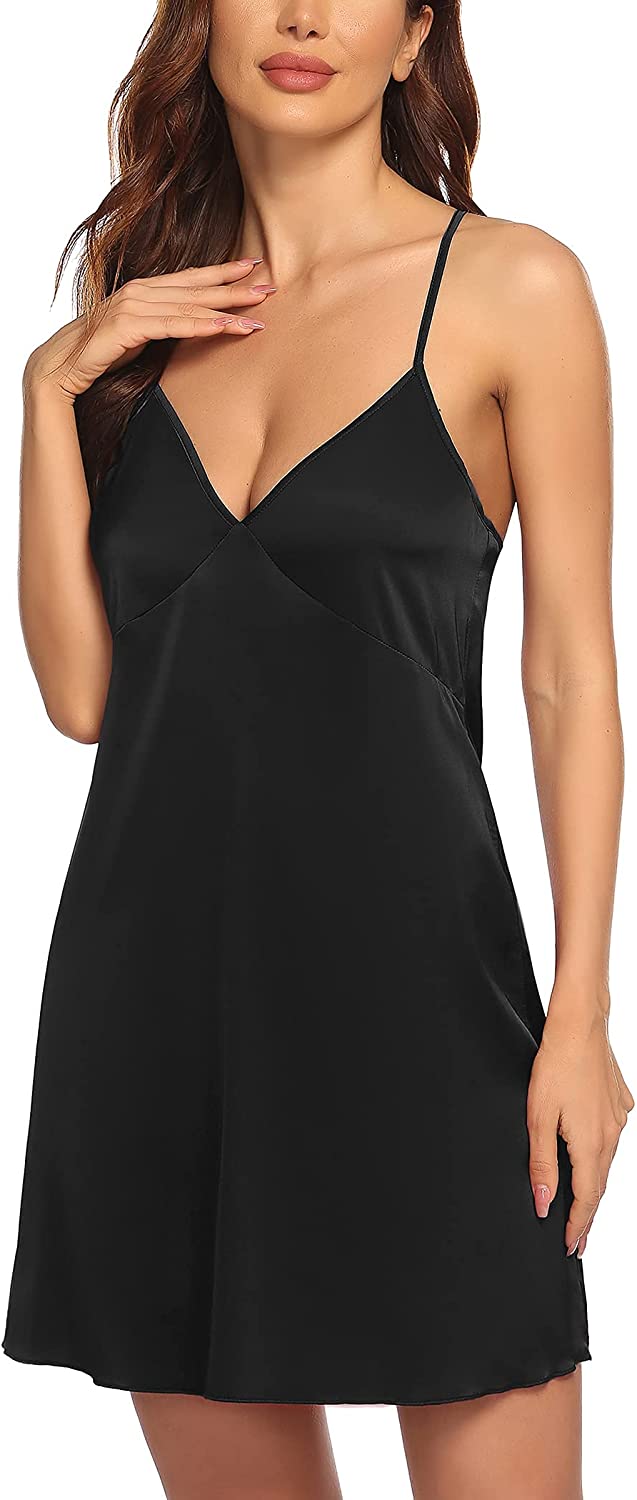 Price:$15.99 Women's Satin Nightgown V Neck Sleepwear Spaghetti Strap Chemise Silk Slip Sexy Lingerie at Amazon Women’s Clothing store
