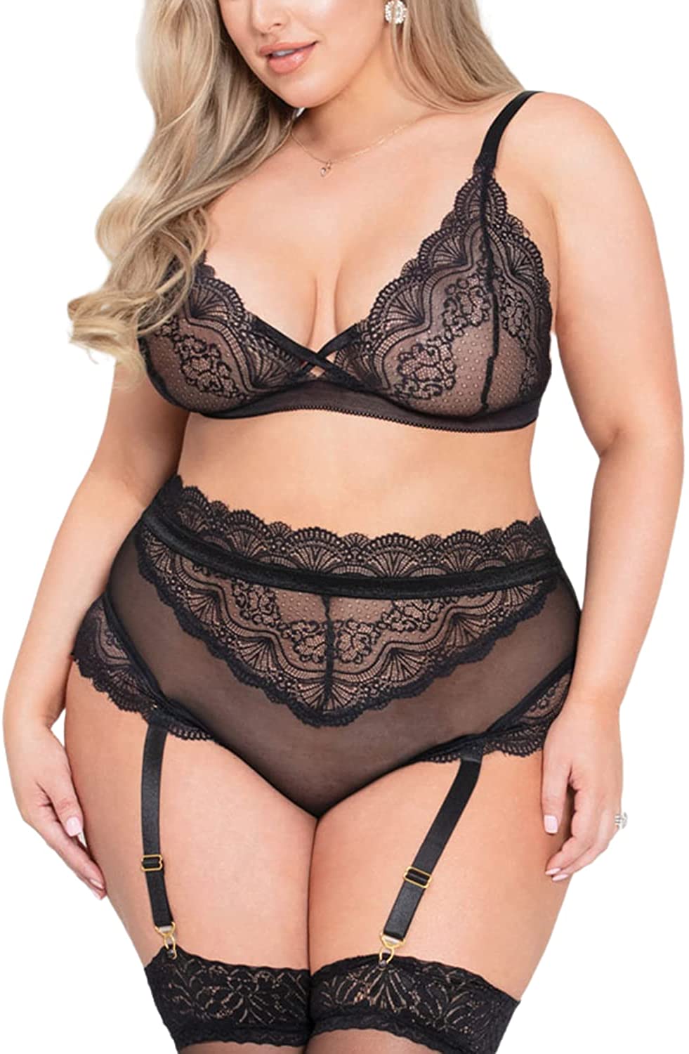 Price:$14.88 Size Lingerie for Women, Sexy Criss-cross Sheer Lace Bra High Waisted Hide Tummy Mesh Panty Garter Set: Clothing, Shoes & Jewelry