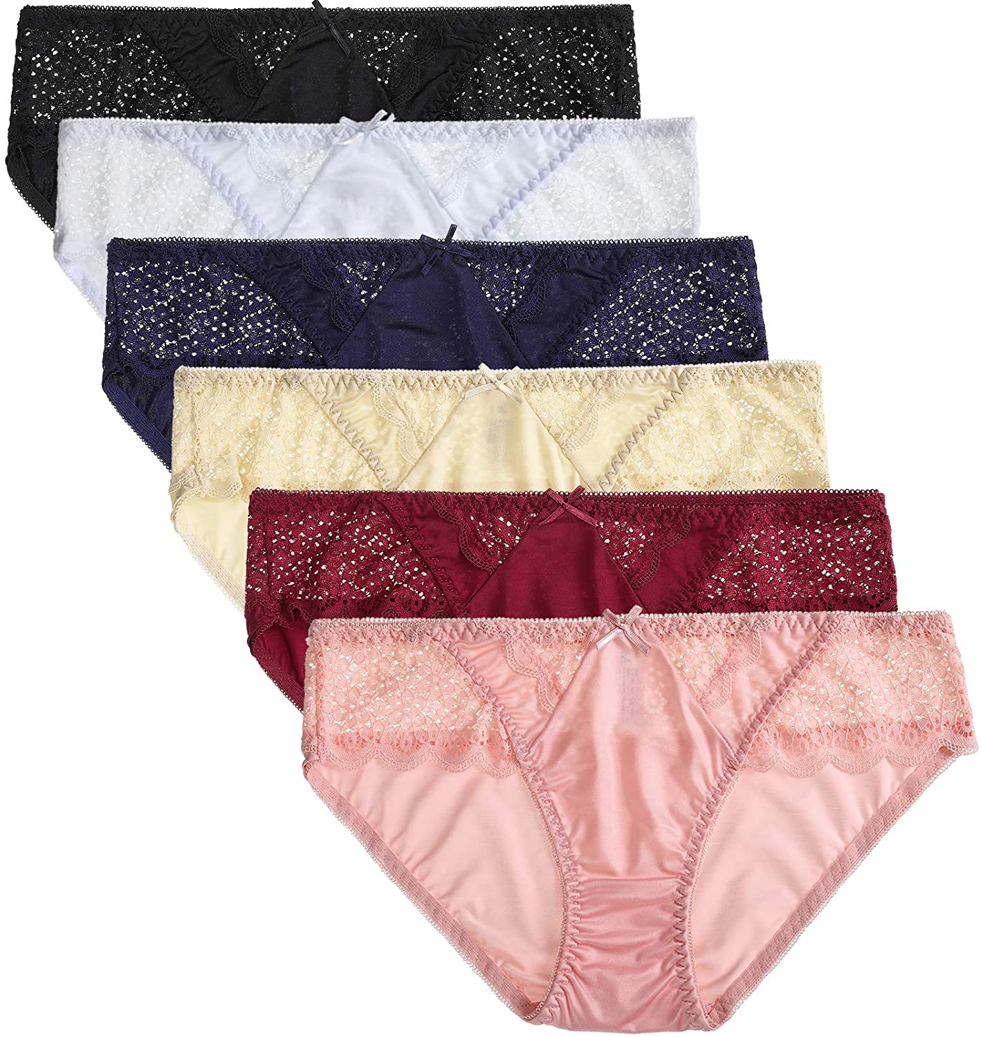 Price:$23.99 Sexy Underwear, BIONEK Satin Bikini Panties Silky Lace Underwear Hipster Cheeky Panty Pack of 6 at Amazon Women’s Clothing store