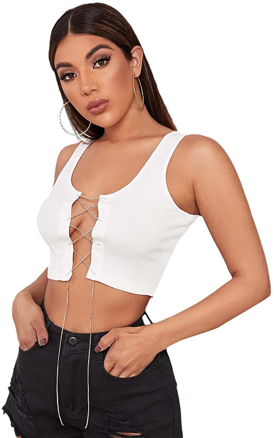 Price:$6.99 Women's Sexy Sleeveless Round Neck Lace Up Rib-Knit Plain Crop Tank Top at Amazon Women’s Clothing store