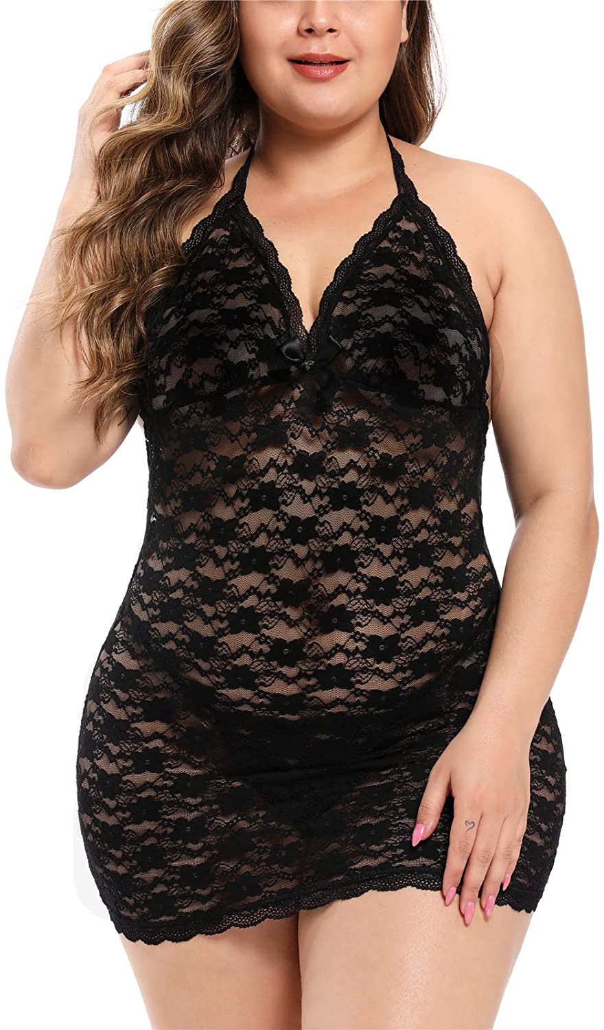 Price:$20.99 Sexy Plus Size Chemise Lingerie Halter Lace Trim Babydoll Mesh Underwear Sleepwear at Amazon Women’s Clothing store