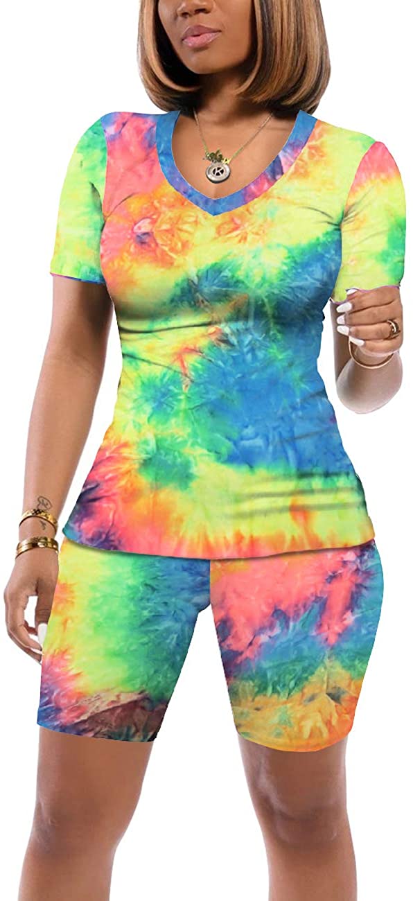 Price:$19.99 Women 2 Piece Tie Dye Outfits V Neck Casual Tracksuits Shorts Sets at Amazon Women’s Clothing store