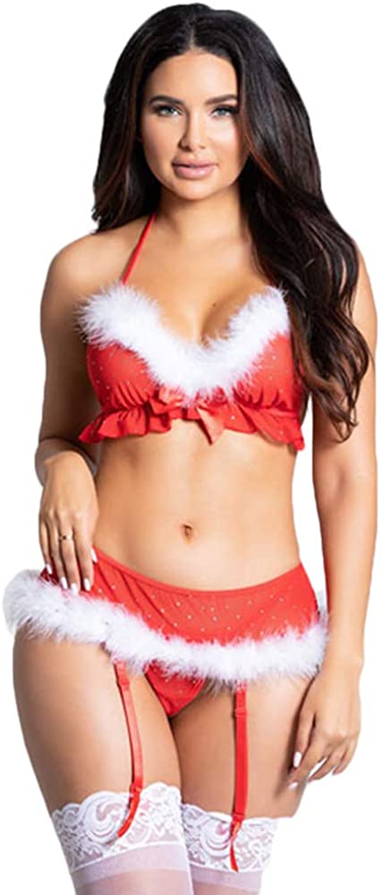 Price:$14.99 Christmas Lingerie Set with Garter Belts Sexy Santa Cosplay Costume See Through Teddy Bodysuit Red Nightwear : Clothing, Shoes & Jewelry