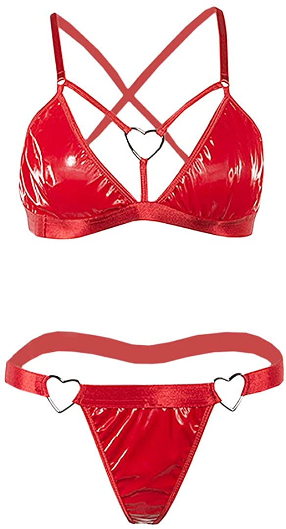 Price:$18.99 Womens Sexy PU Leather Lingerie Heart Shaped Ring Bikini Hollow Triangle Swimsuit 2 Piece Costumes Outfit: Clothing, Shoes & Jewelry