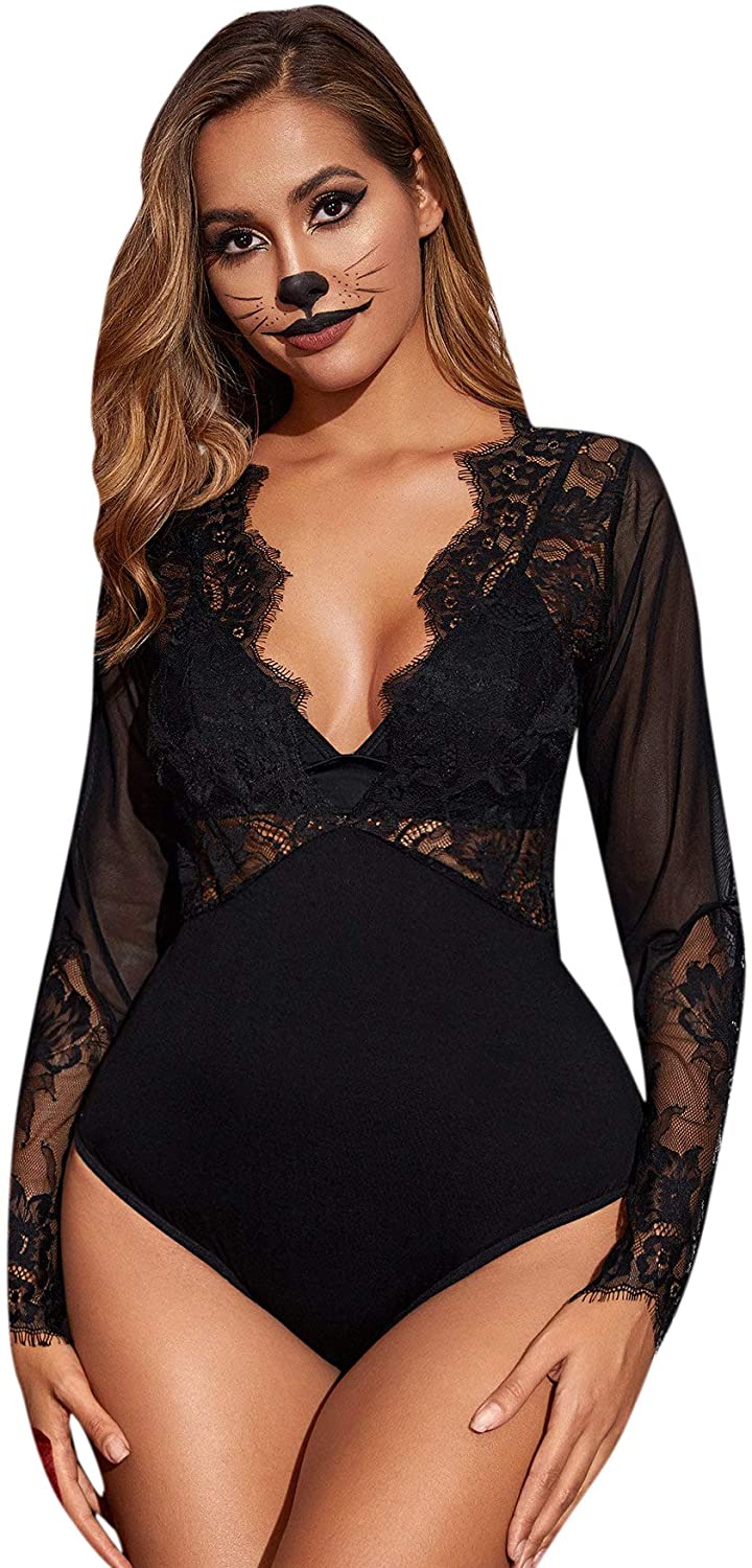 Price:$17.99 Women's Sexy Lace V Neck Clubwear Top Sheer Mesh Long Sleeve Bodysuit at Amazon Women’s Clothing store