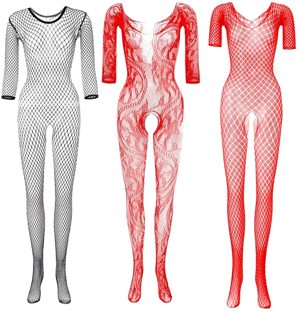 Price:$14.99 3pcs Fishnet Body Suit Lingerie for Women Sleeved Jumpsuit Catsuit Nightwear Sleepwear Teddy Red Red Black: Clothing, Shoes & Jewelry