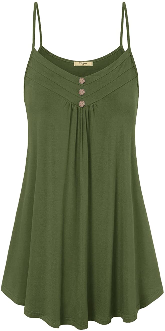 Price:$6.88 Women's Summer Button V Neck Pleated Spaghetti Strap Camisole Tank Tops at Amazon Women’s Clothing store