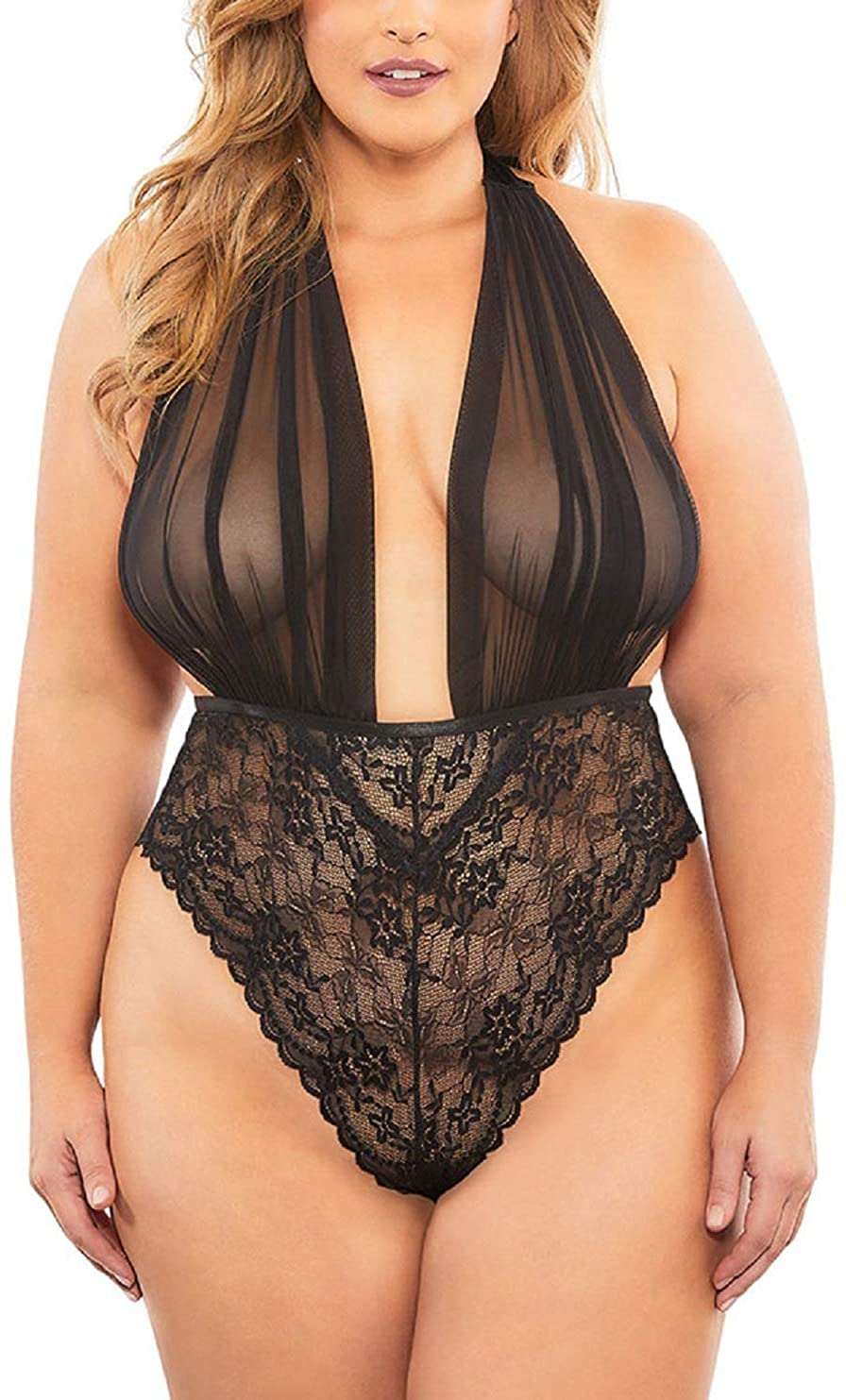 Price:$11.88 Size Lingerie for Women Deep Plunging See Thru Lace Teddy High Waist Halter Self-tie Sexy Nightie: Clothing, Shoes & Jewelry