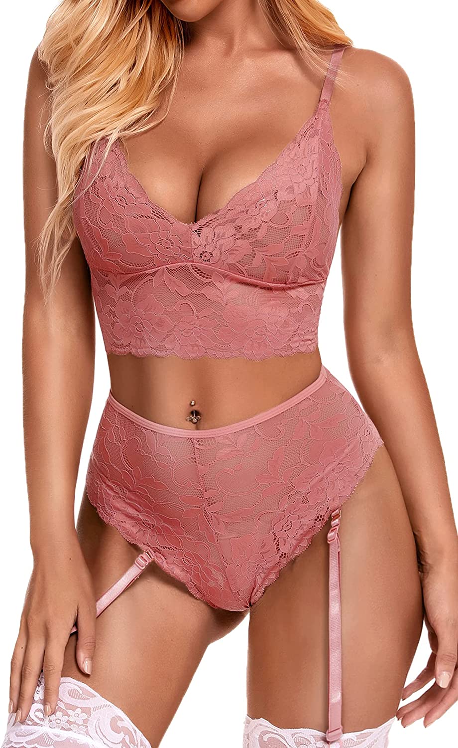 Price:$16.99 Women Sexy Lingerie Set Lace Bra and Panty Sets 2 Piece High Waisted Teddy Underwear with Garter Belts（No Stockings）: Clothing, Shoes & Jewelry