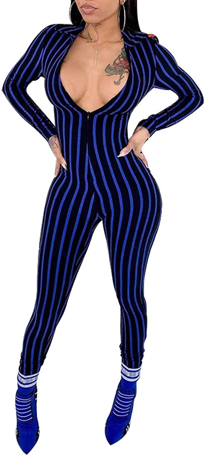 Price:$21.99 Women's Sexy Zip Up Striped One Piece Outfits Deep V-Neck Long Sleeve Bodycon Party Clubwear Jumpsuit Romper : Clothing, Shoes & Jewelry