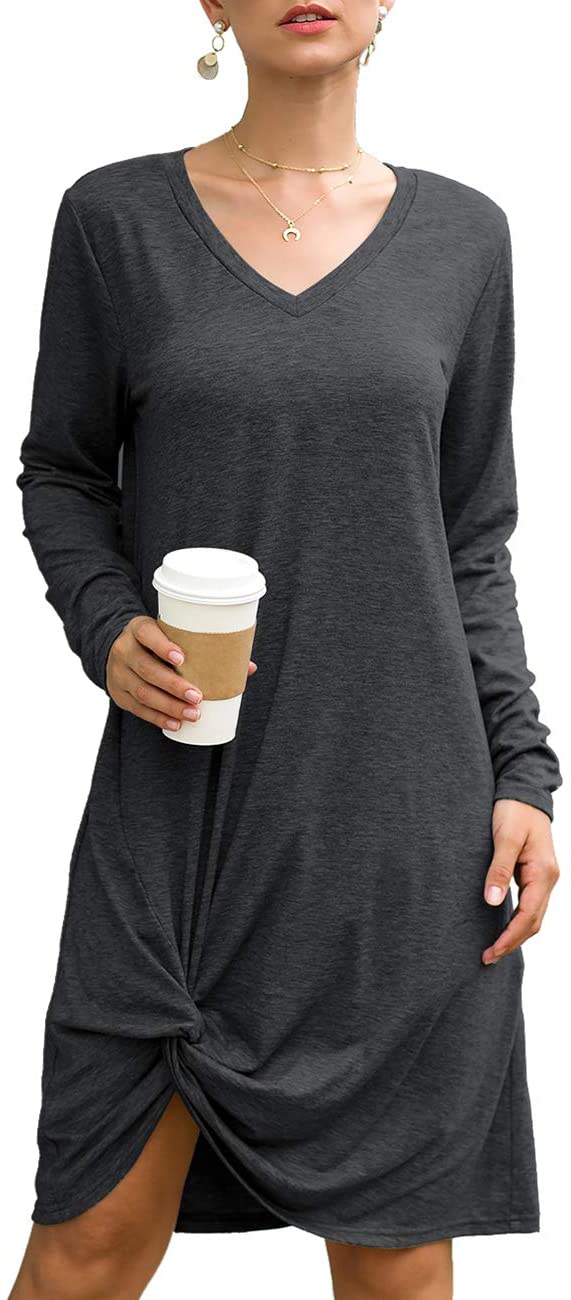 Price:$21.99 Casual Long Sleeve T Shirt Dress V Neck Loose Plain Knot Dress (Dark Gray, S) : Toys & Games