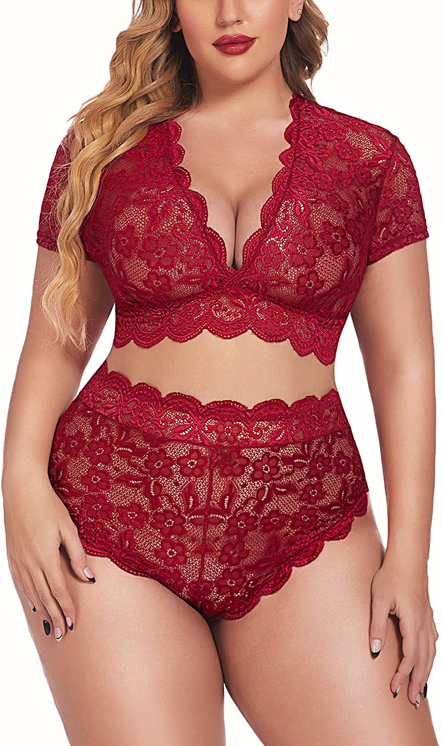 Price:$16.88 Plus Size Lingerie Plus Floral Lace Scallop Trim Lingerie Set Deep V Allover Lace Bra Panties Set Sexy Clubwear | Amazon.com