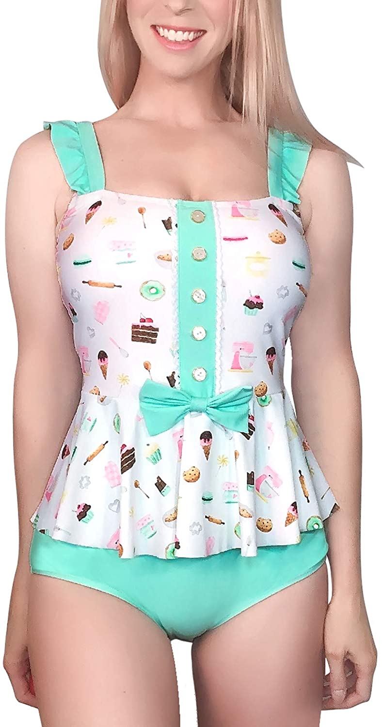 Price:$30.99 Modest Kawaii One Piece Swimwear Bathing Suit Swimsuit – Vintage Rose and Sweets at Amazon Women’s Clothing store