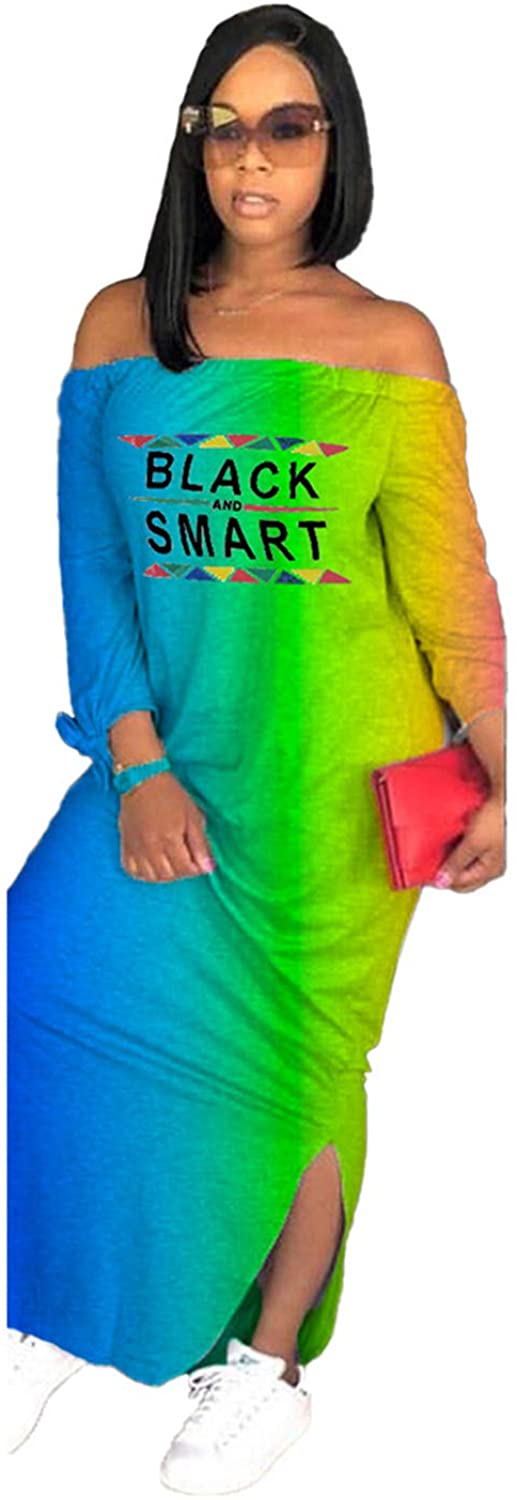 Price:$9.99 Women's Casual Letter Print Off Shoulder Long Sleeve Bowknot Sides Slit Loose Long T-Shirt Maxi Dress at Amazon Women’s Clothing store