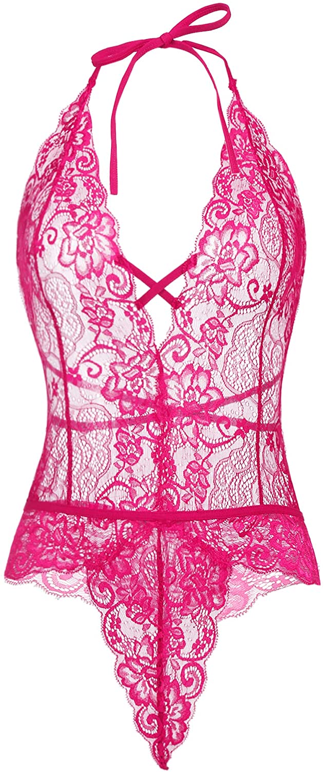 Price:$15.99 Teddy Lingerie for Women Deep V Halter One Piece Babydoll Lace Bodysuit Romper at Amazon Women’s Clothing store