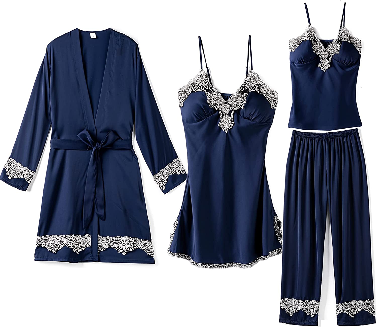 Price:$39.99 SONG Womens Silk Satin Sleepwear with Robe Nightgown 4 PCS Summer Pajamas Set Soft Loungewear Sexy Lingerie at Amazon Women’s Clothing store