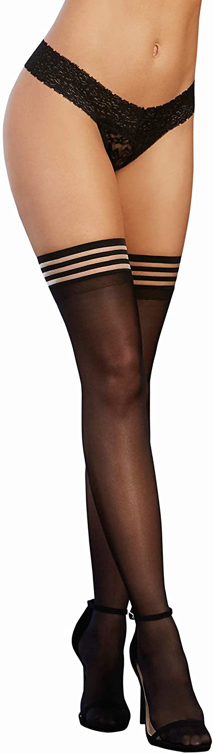 Price:$10.00 Women's Sheer Thigh High Stockings with Striped Elastic Top, Black, One Size: Clothing, Shoes & Jewelry