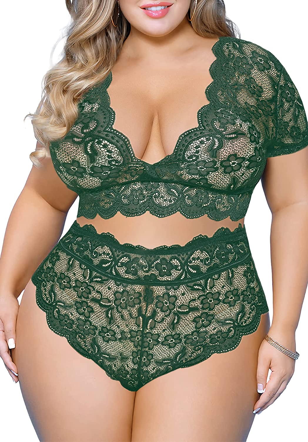 Price:$16.88 Size 2 Piece Lingerie Set for Women Sexy Deep V Allover Lace Bra and Panty High Waist Nightwear Clubwear: Clothing, Shoes & Jewelry