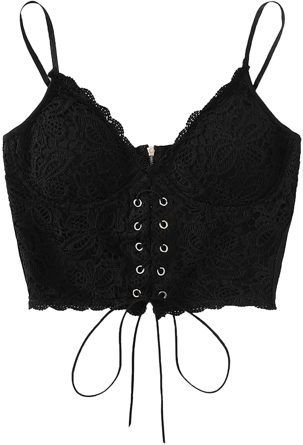 Price:$15.99 Women's Eyelet Lace Up Sleeveless Spaghetti Strap Zip Back Crop Camisole Cami Top Vest at Amazon Women’s Clothing store