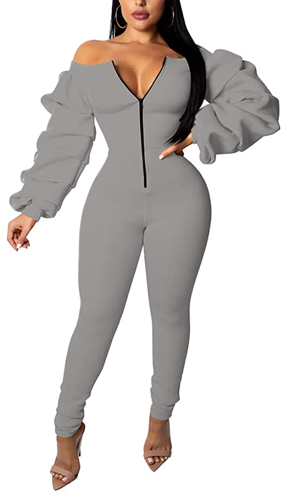 Price:$46.99 Women Off Shoulder Front Zip Up Long Sleeve Ruched Long Pants Long Bodycon Jumpsuits Rompers : Clothing, Shoes & Jewelry