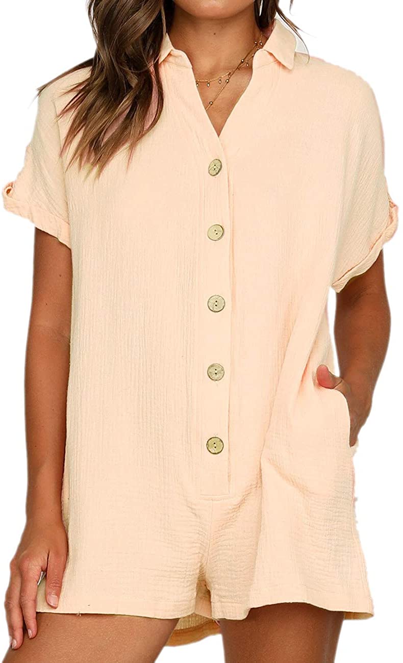 Price:$12.99 Women's V Neck Button Down Cotton Linen Short Jumpsuits with Pockets : Clothing, Shoes & Jewelry