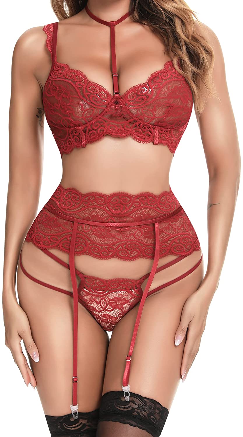 Price:$3.99 Women Lingerie Set with Garter Belts 3 Pieces Sexy Bra and Panties Lace Teddy V Neck Babydoll with Choker Strap at Amazon Women’s Clothing store