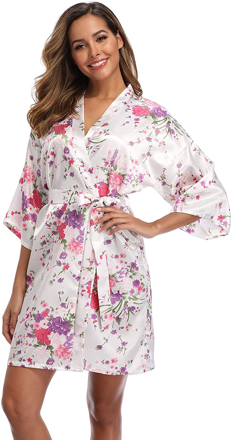 Price:$9.99 Women Floral Kimono Robe Satin Bridal Dressing Gown Bride Bridesmaid Robes Sleepwear at Amazon Women’s Clothing store