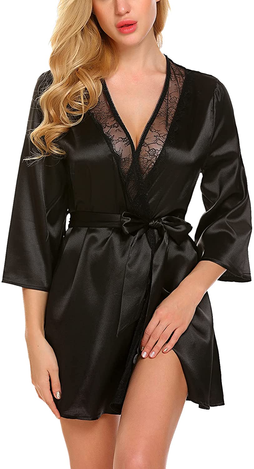 Price:$13.98 Women Short Satin Kimono Robe Lingerie Nightgown Sleepwear Silk Bathrobe Pure Color at Amazon Women’s Clothing store