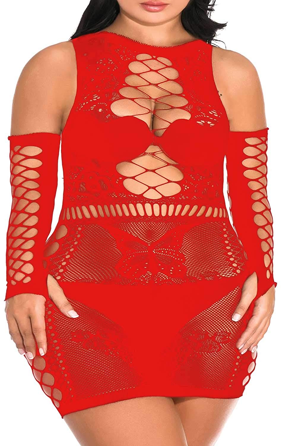 Price:$8.59 Womens Fishnet Bodysuit Mesh Plus Size Babydoll Lingerie Sets with Net Gloves, 2 Peices: Clothing, Shoes & Jewelry