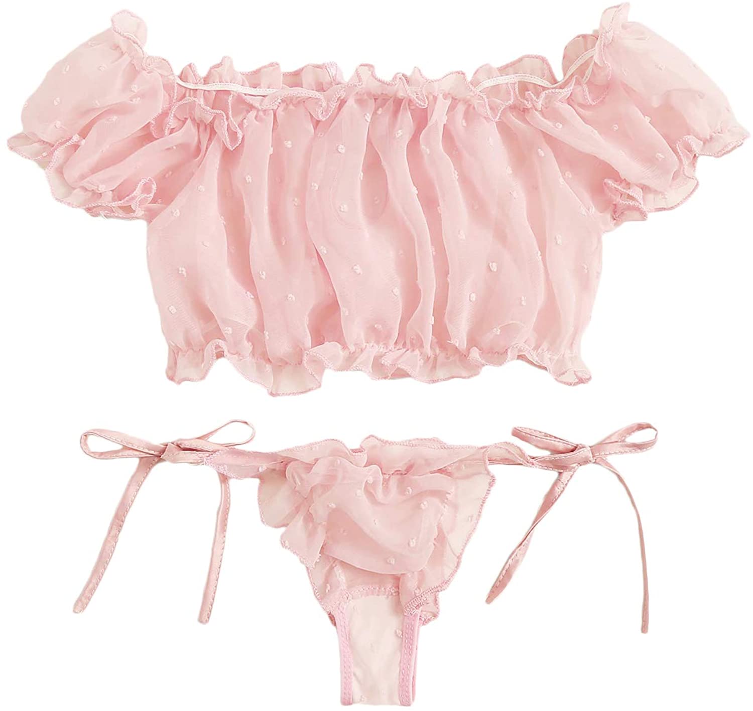 Price:$9.99 Women's Self Tie Ruffle Trim Dobby Mesh Lingerie Set Sexy Bra and Panty: Clothing, Shoes & Jewelry
