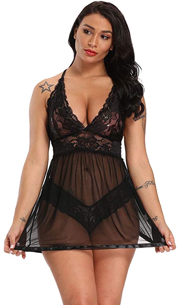 Price:$9.99 Lingerie for Women - Lingerie V Neck Exotic Sleepwear Lace Babydoll Chemise Halter Lingerie S-2XL at Amazon Women’s Clothing store