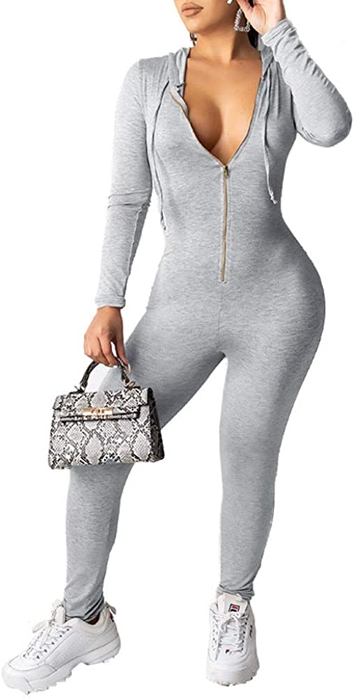 Price:$33.90 Womens Long Sleeve Hoodie V Neck Zipper Drawstring Bodycon One Piece Onesies Jumpsuits Romper Bodysuit Gray S : Clothing, Shoes & Jewelry