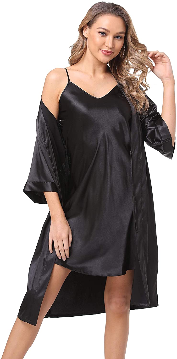 Price:$17.99 Women's 2 Piece Satin Sexy Lingerie Nightgown Floral Robe and Pajamas Set Silk Sleepwear S-XXXL: Clothing, Shoes & Jewelry