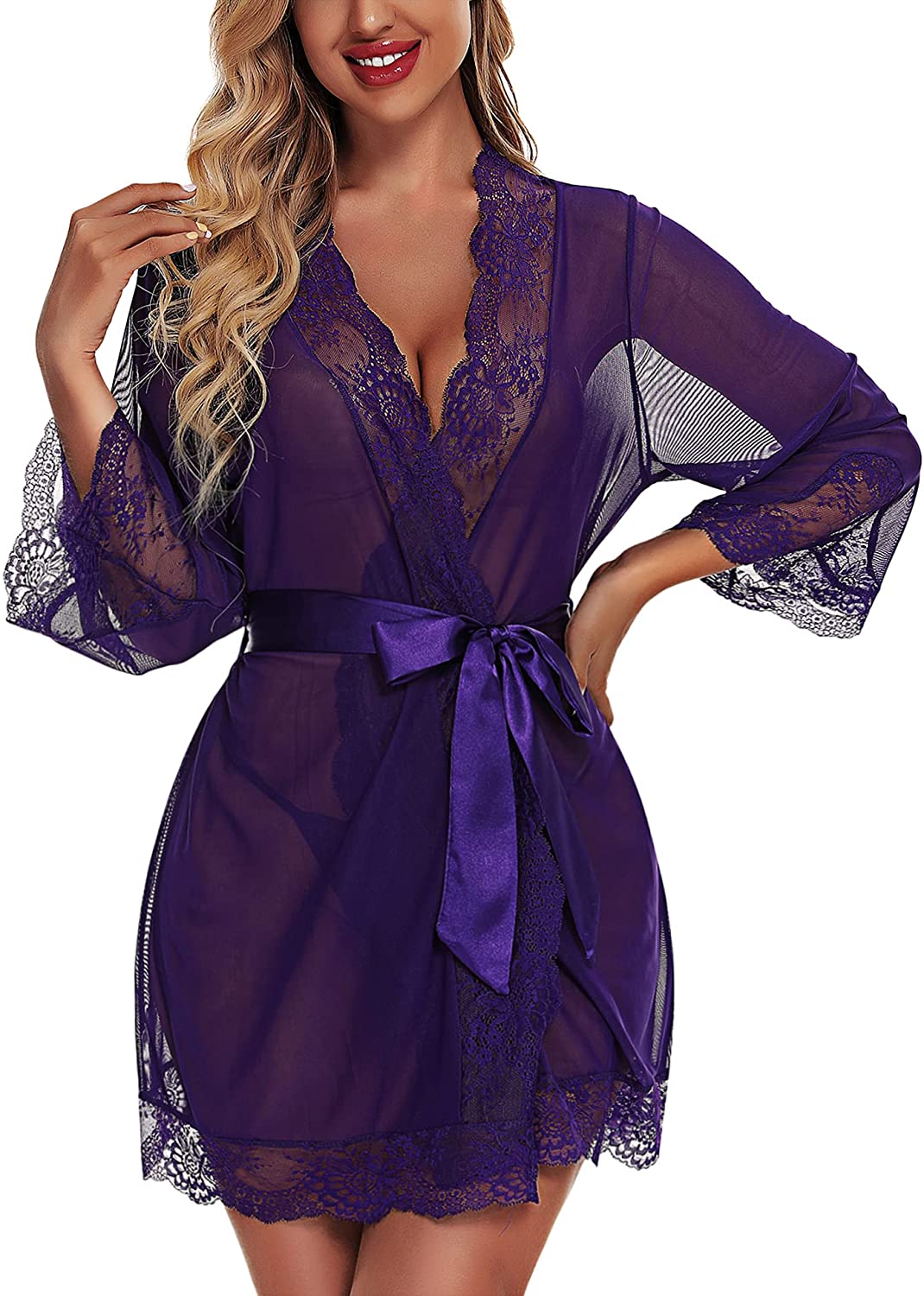 Price:$13.99 Women Lace Kimono Robe Babydoll Chemise Lingerie Bride Robe for Wedding Party at Amazon Women’s Clothing store