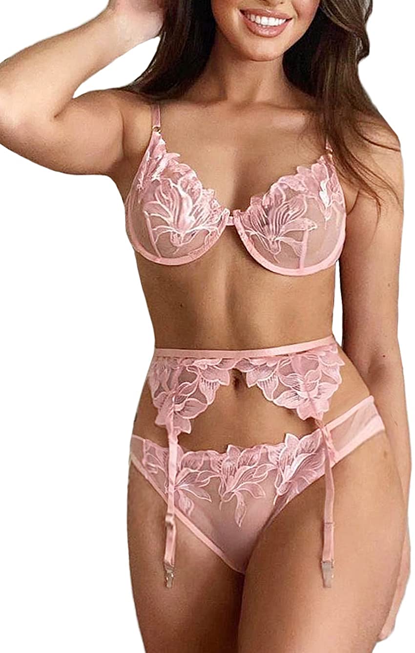 Price:$16.99 Floral Embroidered Mesh Sheer,Underwire Bra,Cheeck Panty,Garter Lingerie Set: Clothing, Shoes & Jewelry