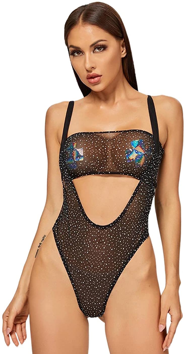 Price:$12.99 Lace Fishnet Lingerie Sparkly Rhinestones Teddy Bodysuit Camisole Babydoll Mesh Hole Chemise Outfit for Women Black at Amazon Women’s Clothing store