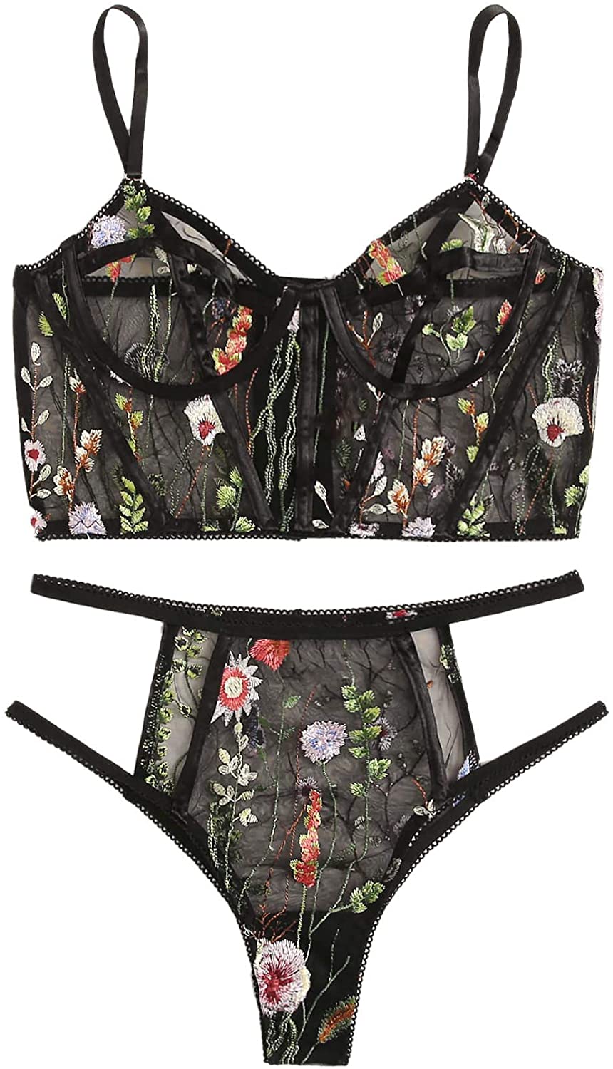 Price:$11.99 HUX Women's Floral Embroidered Mesh Underwire Bra and Panty Sexy Lingerie Set: Clothing, Shoes & Jewelry