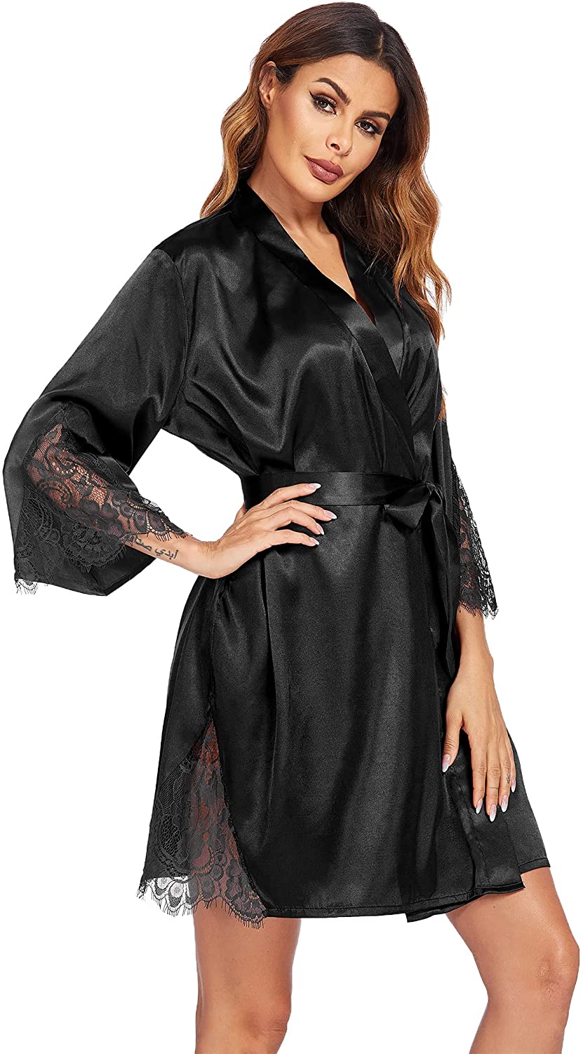 Price:$15.99 Womens Silk Robes Satin Bathrobe Lace-Trim Bride Party Loungewear Bridesmaids Kimono Robes at Amazon Women’s Clothing store